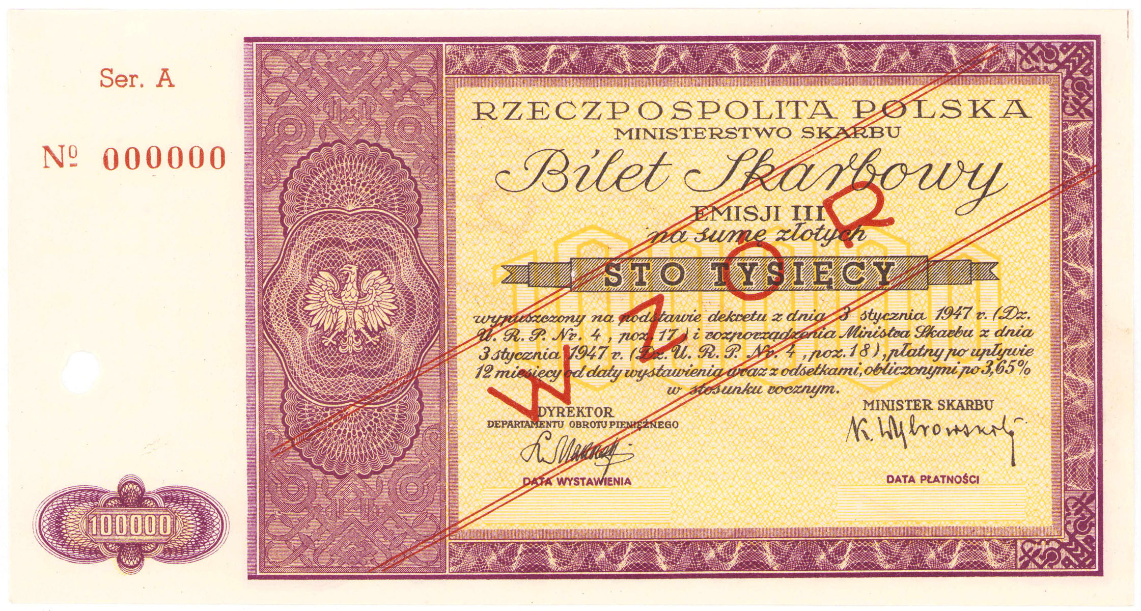 Bilet Skarbowy 100.000 złotych 1945 - A - WZÓR - EMISYJNY